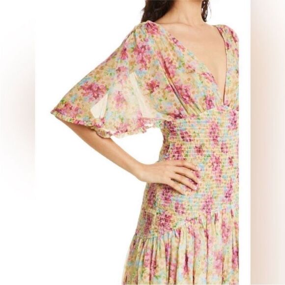 ByTiMo NWT Multicolor Floral Print Smocked Chiffon V-Neck Mini Dress Size S - Picture 2 of 4